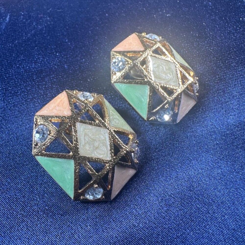 Vintage Signed Geometric Earrings Gold Tone Pastel Rhinestone Statement